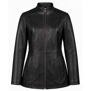 Overland Sheepskin Leather Jacket Women Stand Collar Black Tailored XS Classic